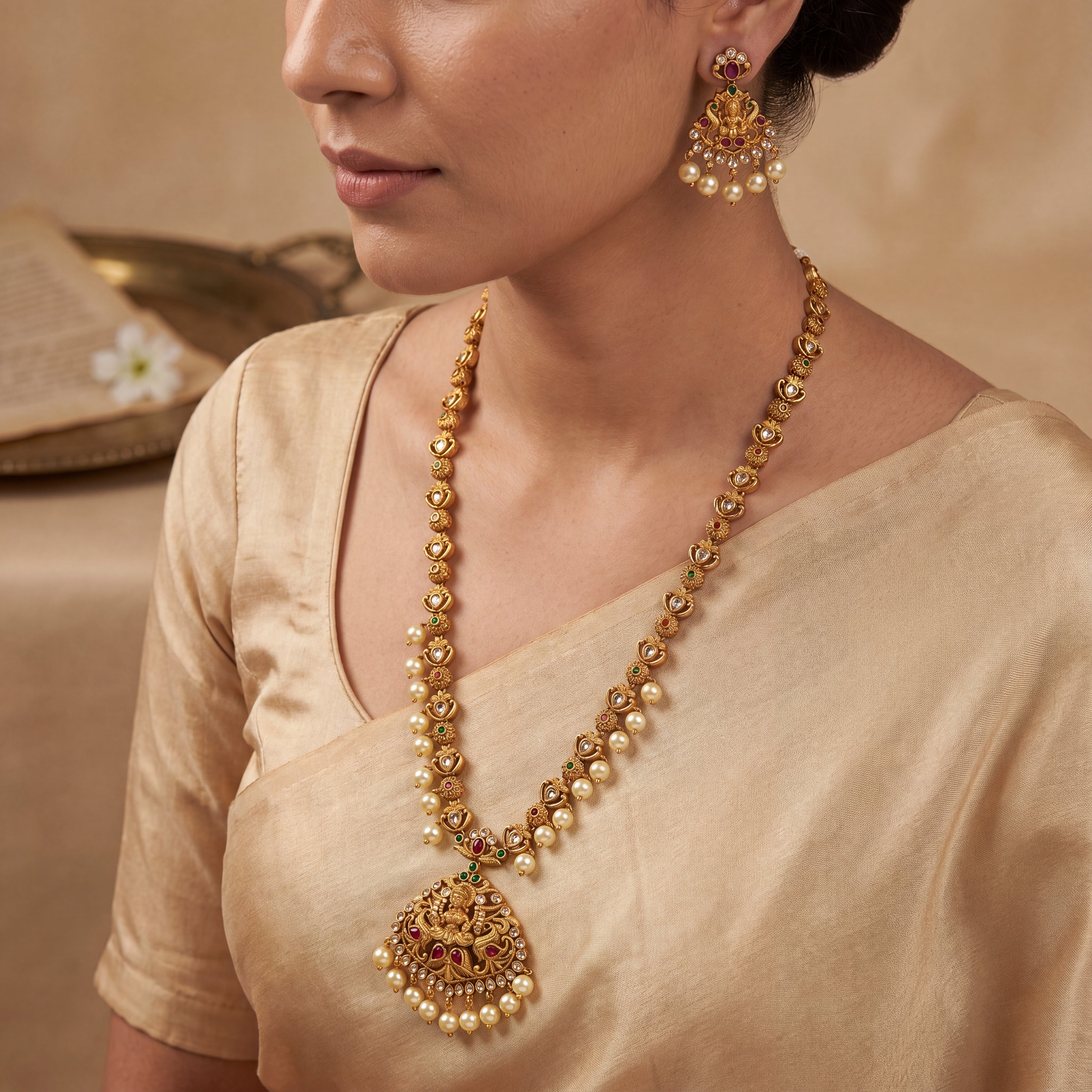 Antique Finish Lakshmi & Paired Peacock Haram Set close-up view - Avalna
